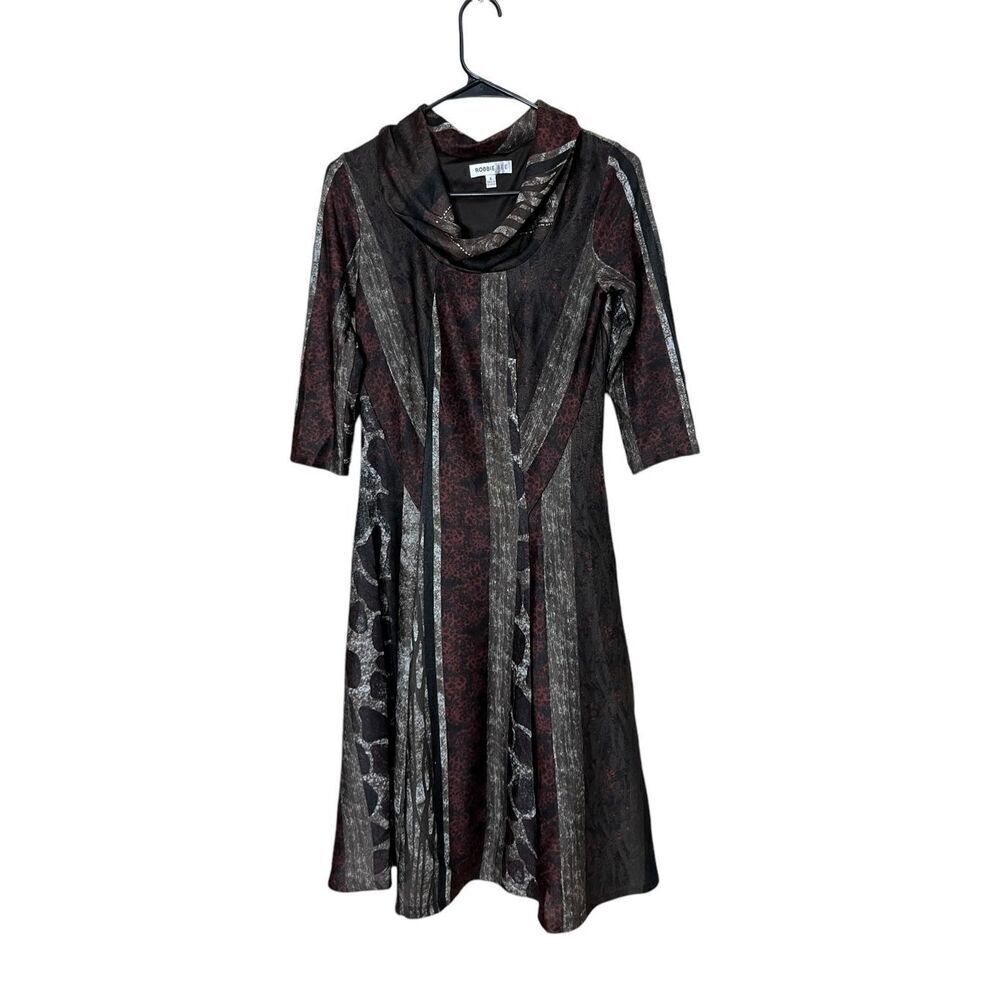 Robbie Bee A line Cowl Neck Dress Brown Striped Animal Patch Size S NWT